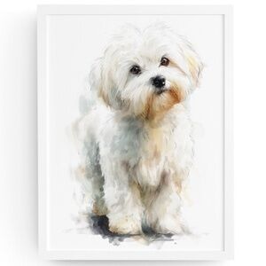 Watercolor White Maltese Dog Portrait Wall Art Print Poster, Unframed